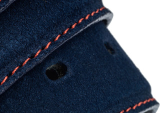 Blue suede belt strap with red thread